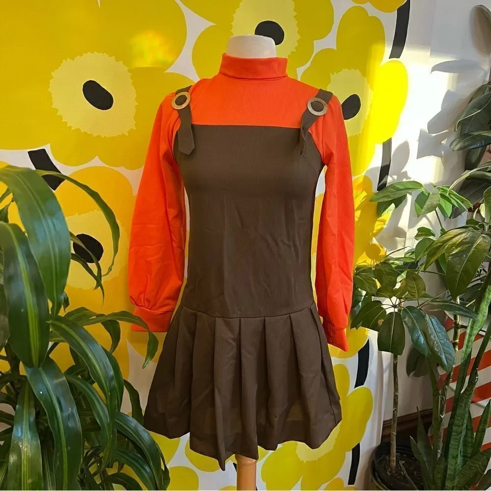 Vintage 1960s Unique Mock Neck Pinafore Twofer Pleated Balloon Gogo Dress